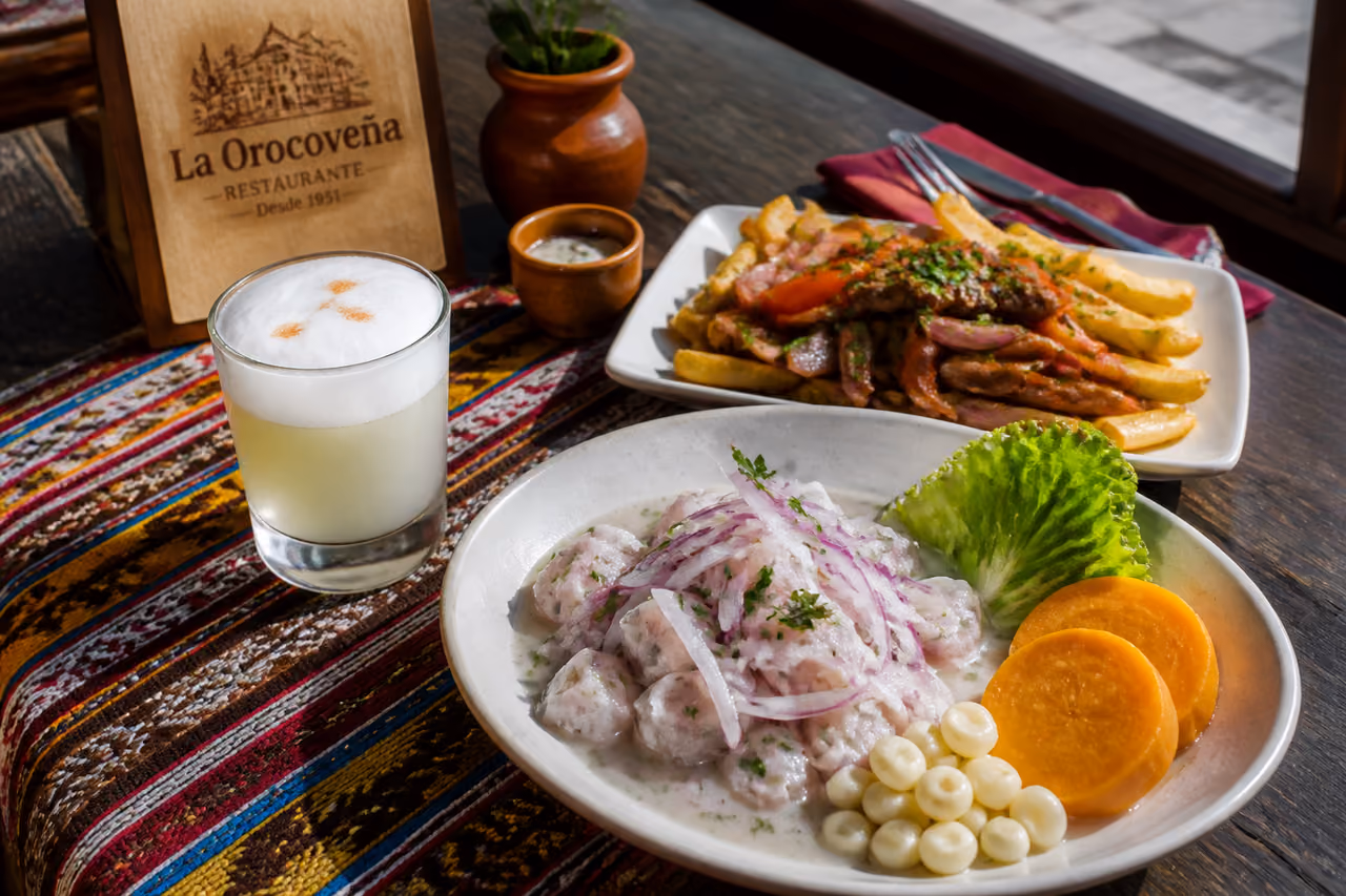 Traditional Peruvian Dishes on a Rustic Table at La Orocoveña