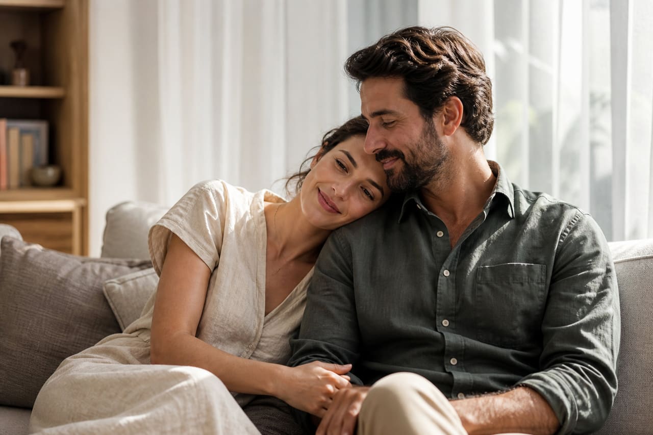 Loving Couple Sharing Intimate Moment in Sunlit Living Room