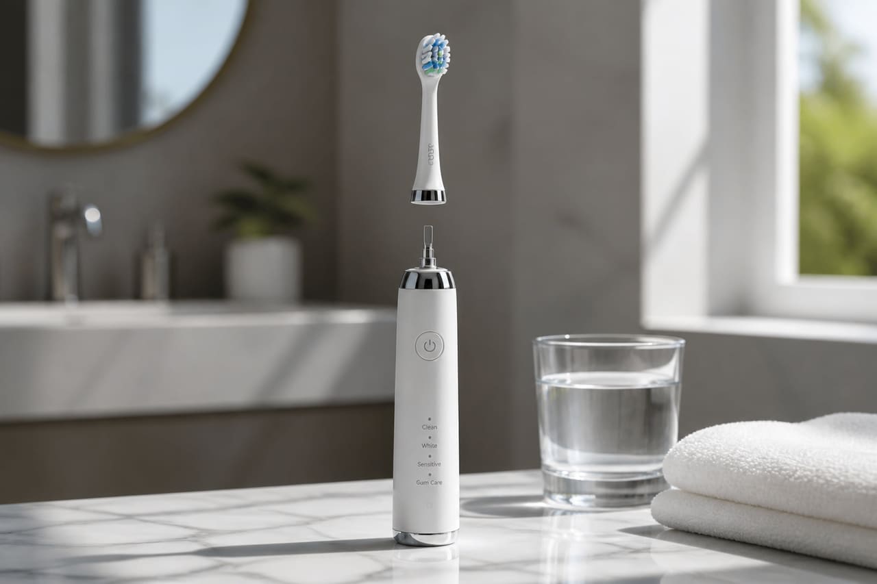 Modular Detachable Toothbrush on a Marble Bathroom Countertop
