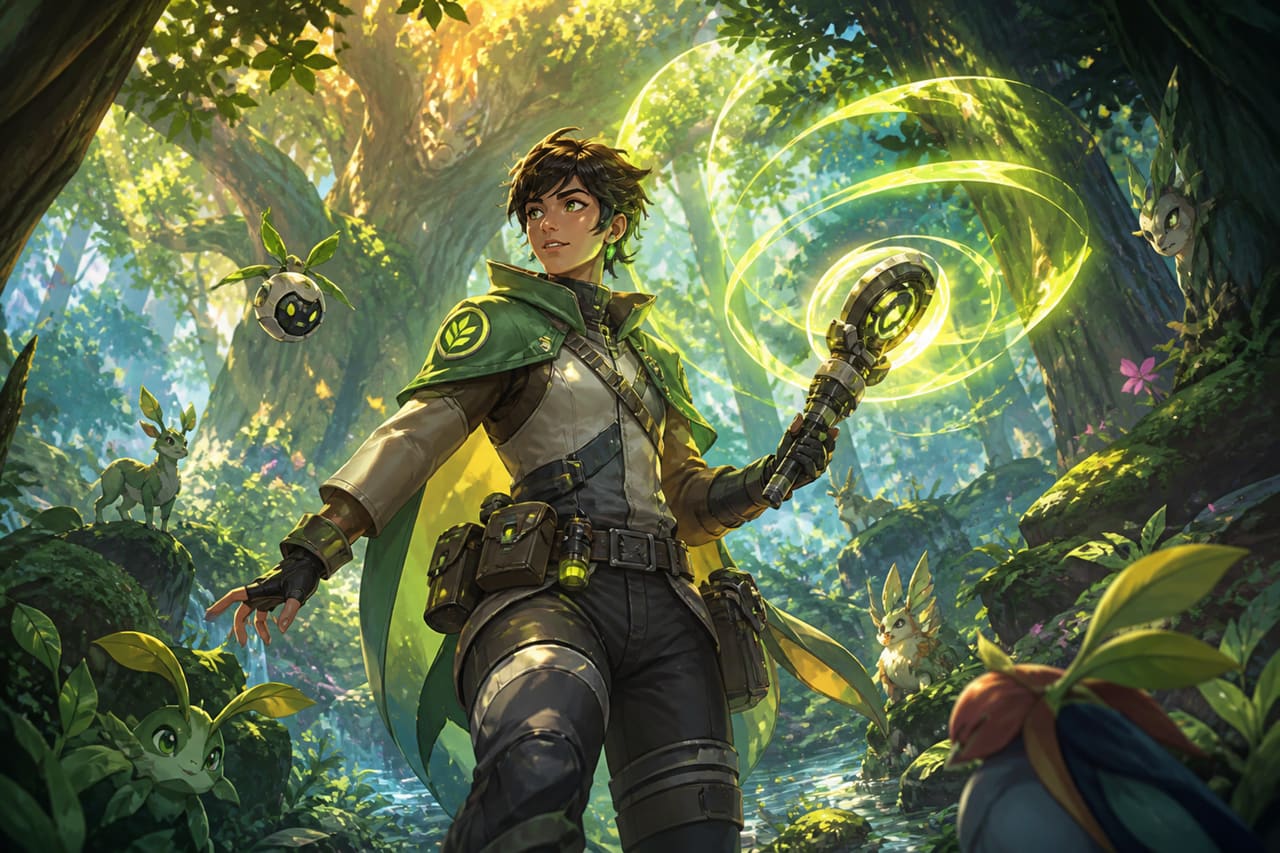 Nature Guardian Using Energy Device in a Lush Forest