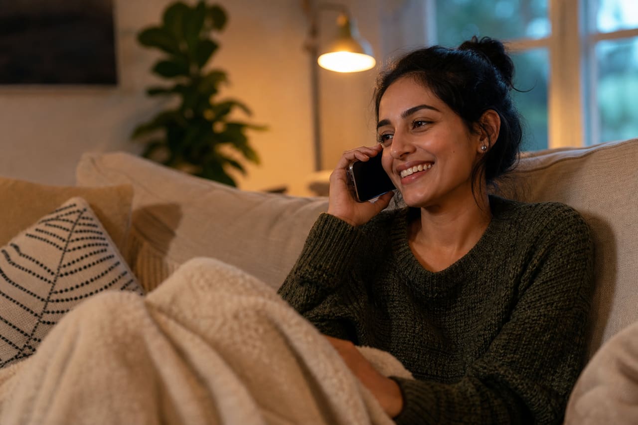 Young Woman Smiling While Calling Her Parents at Home