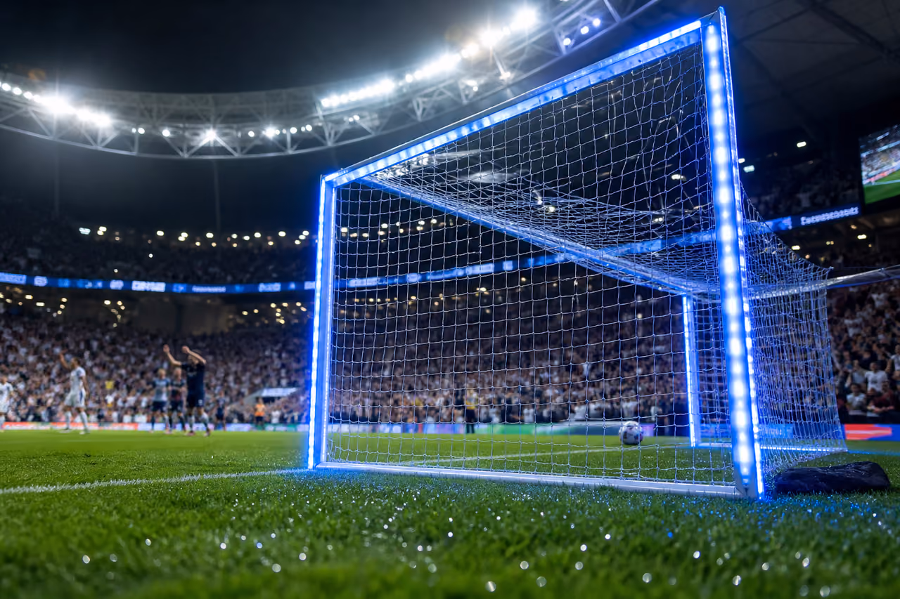LED Goal Lights Illuminating a Soccer Stadium at Night
