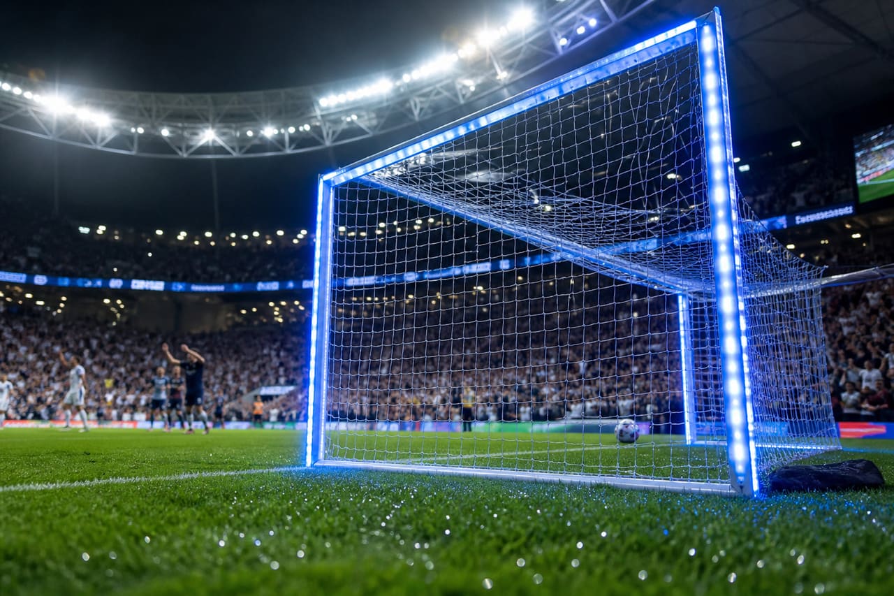 LED Goal Lights Illuminating a Soccer Stadium at Night