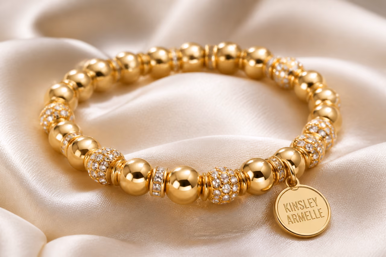 Gold Bead Stretch Bracelet with Crystal Accents on Silk