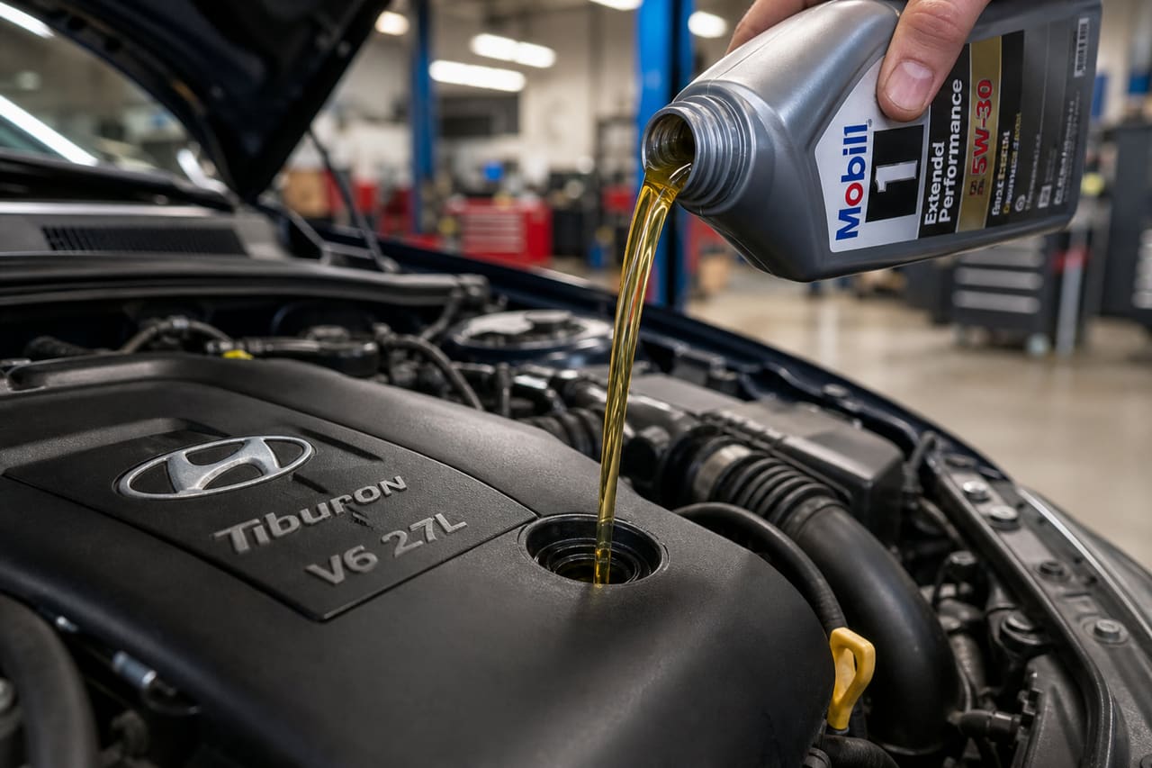 Pouring Synthetic Motor Oil Into a Hyundai Tiburon Engine