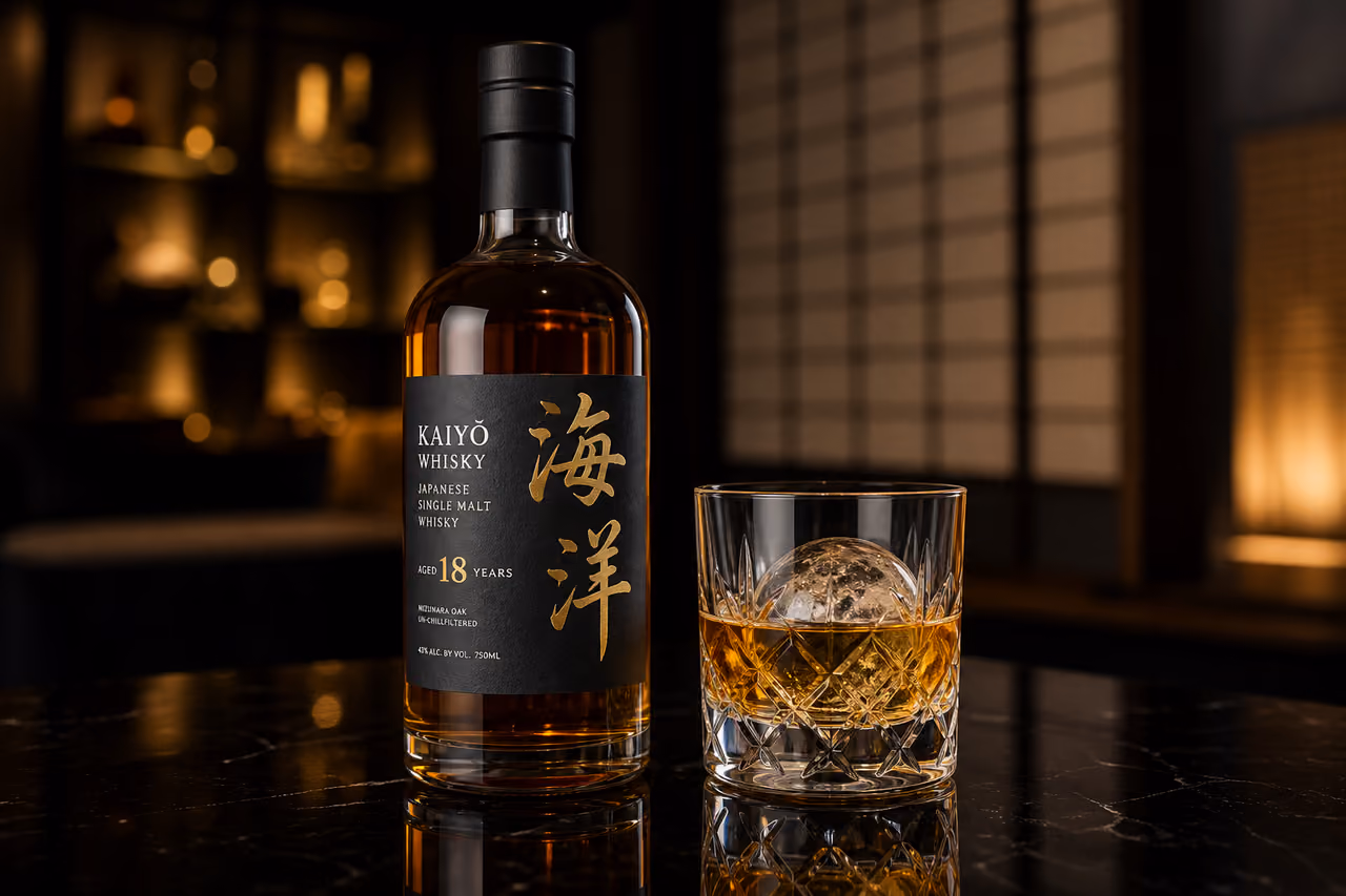 Premium Japanese Single Malt Whisky Bottle and Glass in Luxury Lounge