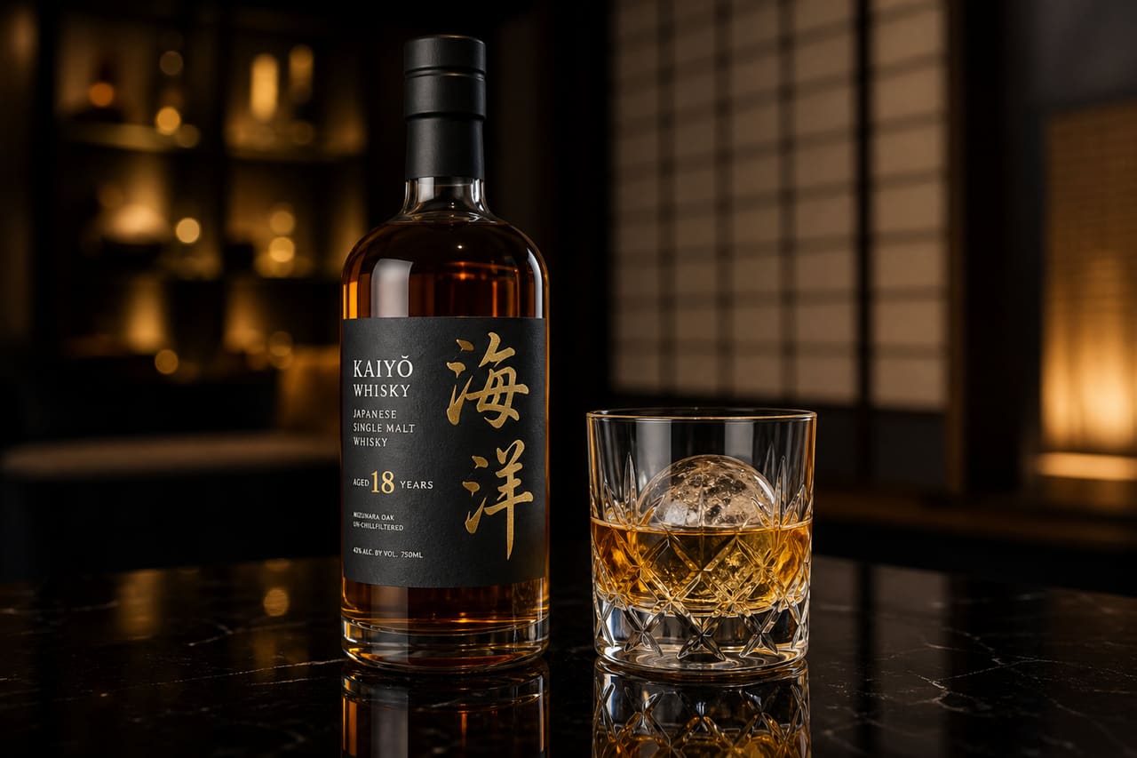 Premium Japanese Single Malt Whisky Bottle and Glass in Luxury Lounge