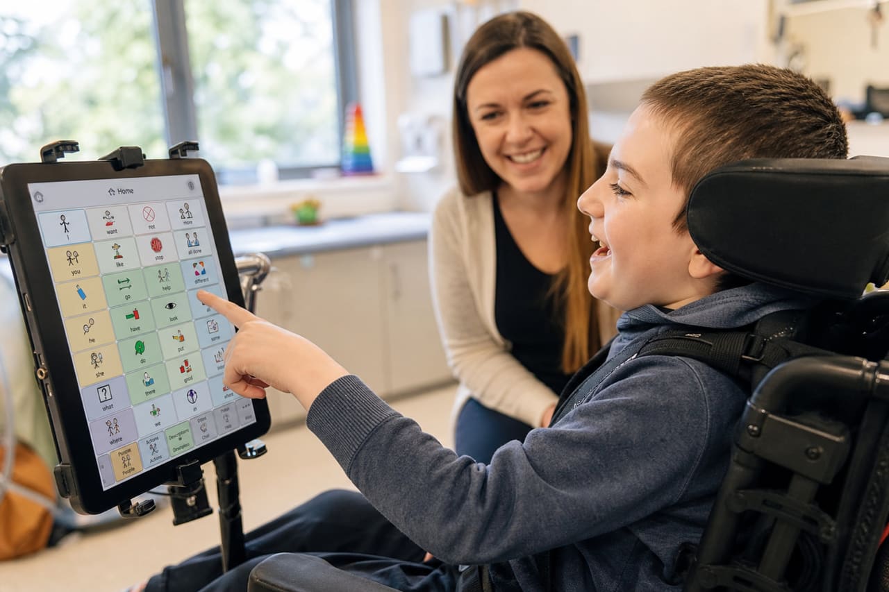 Child Using Communication App on Tablet in Pediatric Clinic