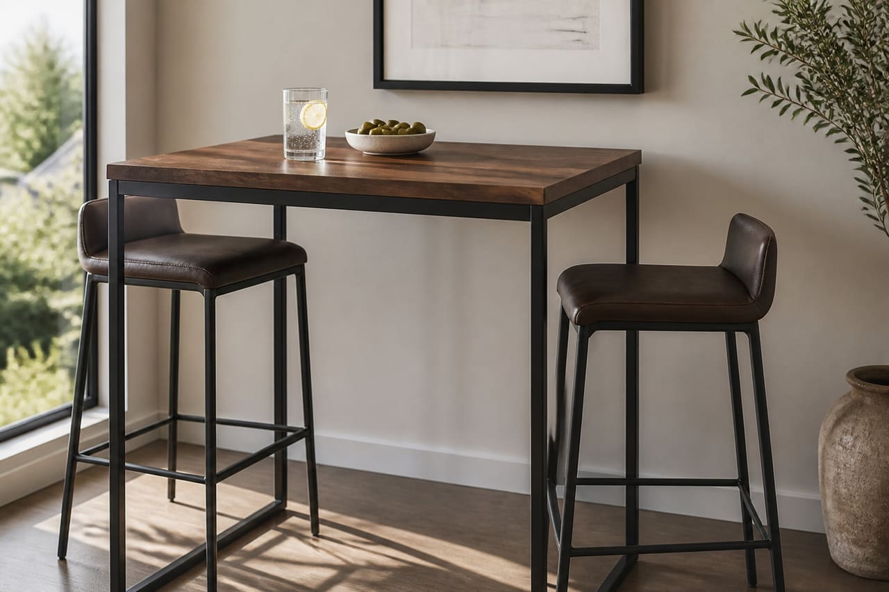 Modern Walnut Bar Set Table and Stools in Contemporary Room