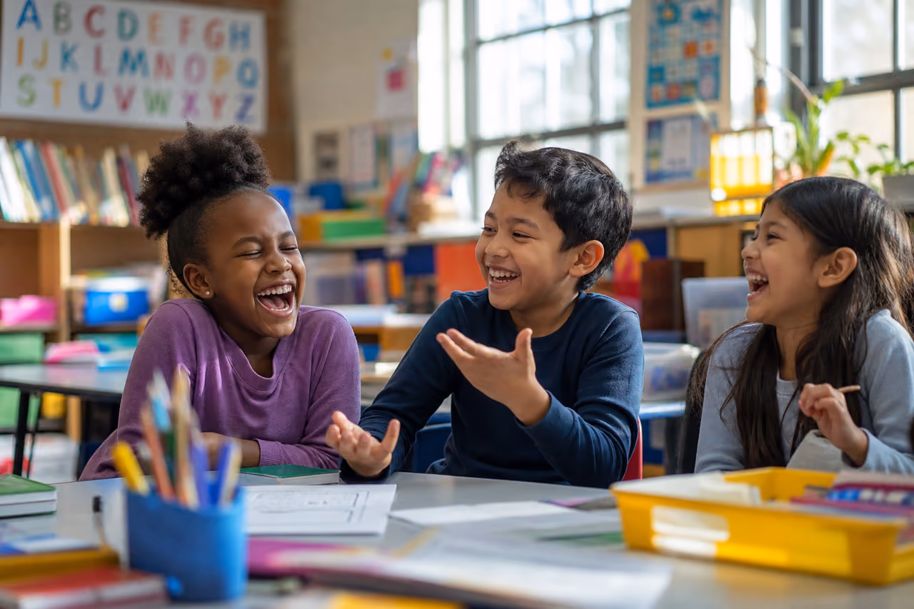 Children Laughing Together in a Bright Classroom