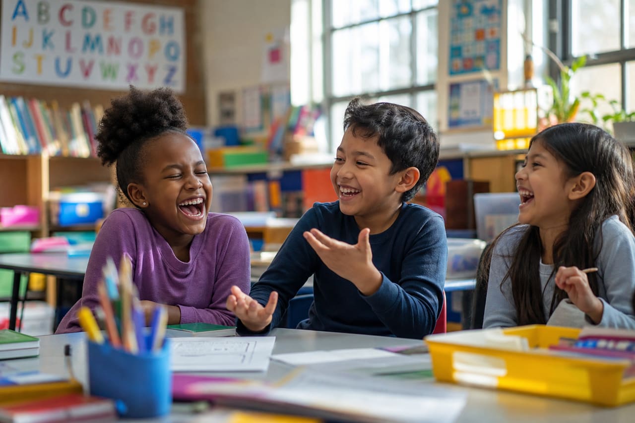 Children Laughing Together in a Bright Classroom