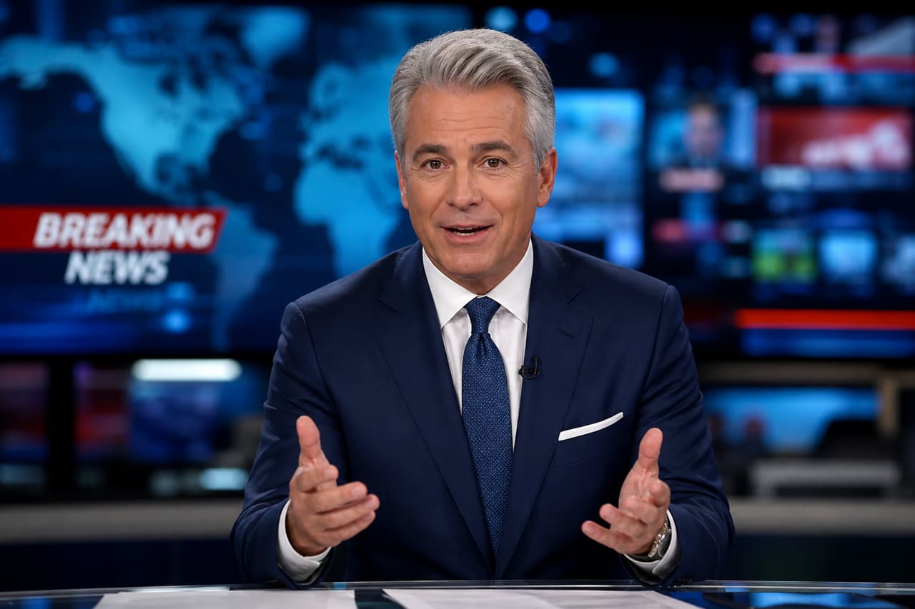 Professional News Anchor Delivering Broadcast in Modern Studio