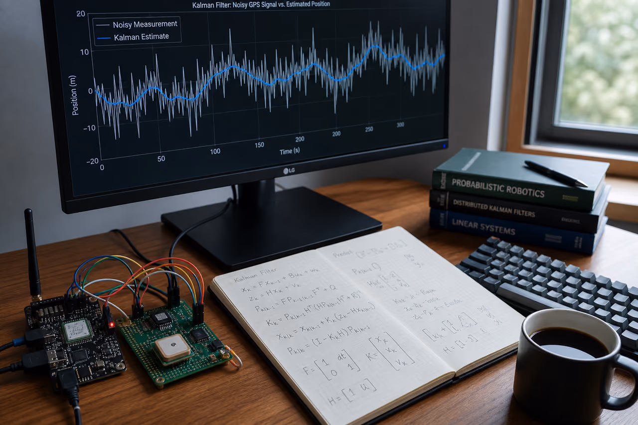 Engineer Workspace with Kalman Filter Data Plot on Monitor