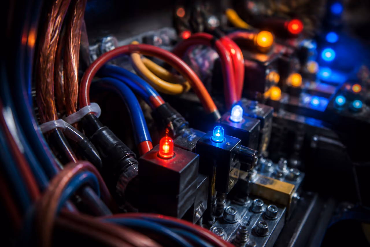Close-Up of Electrical Wire and Flashing LED Lights