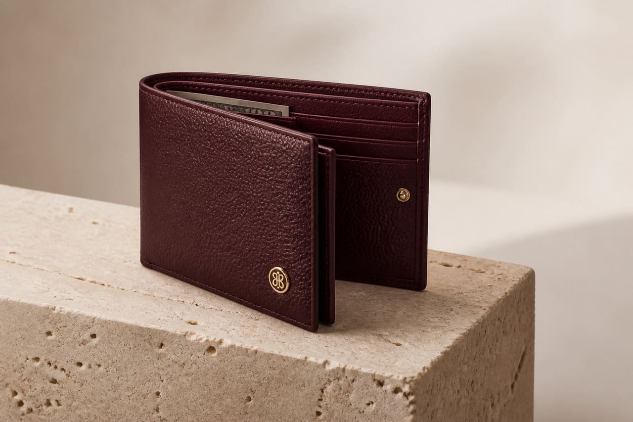 Luxury Women's Leather Wallet on Travertine Plinth