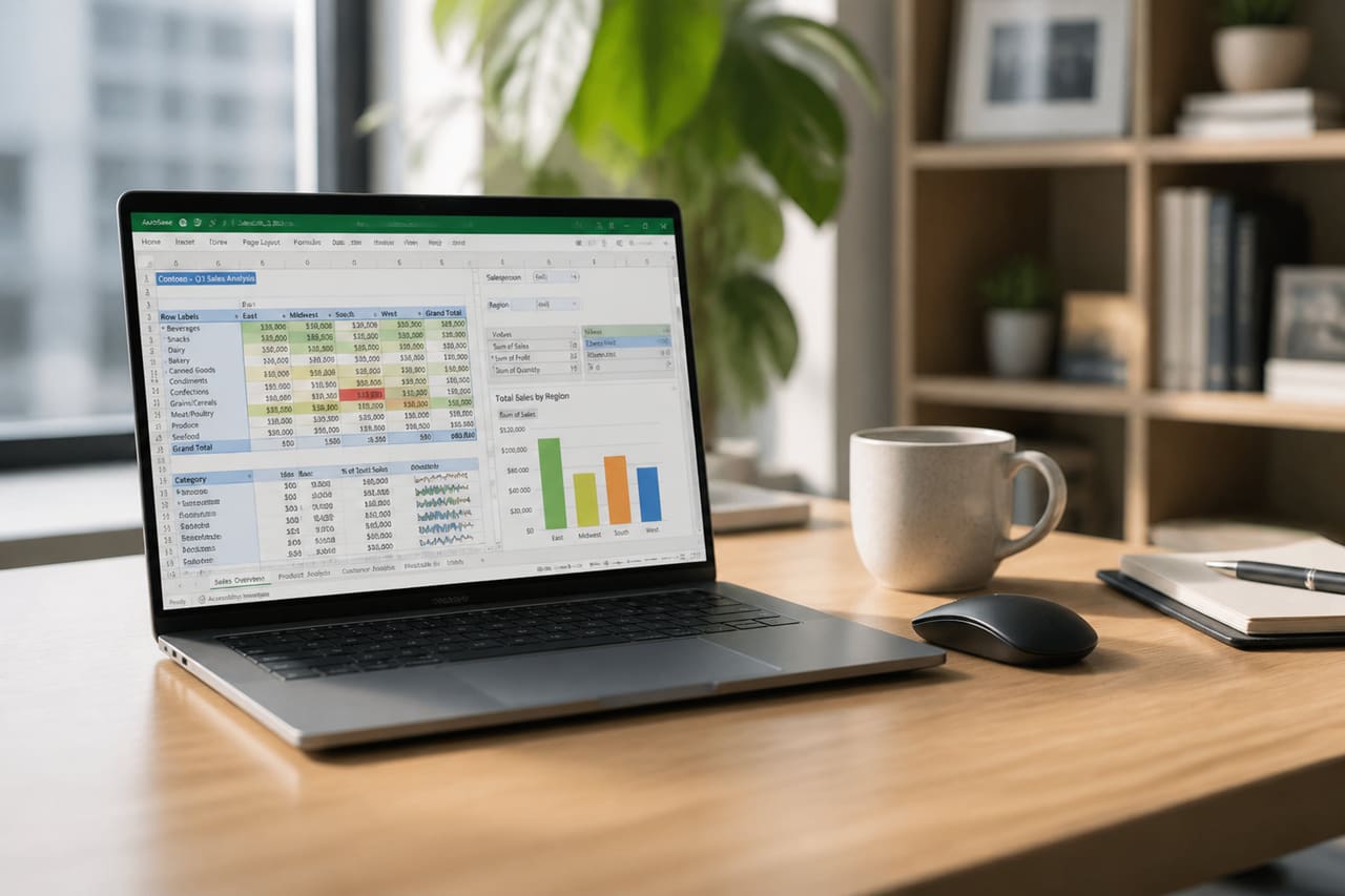 Professional Using Microsoft Spreadsheets for Data Analysis on Laptop