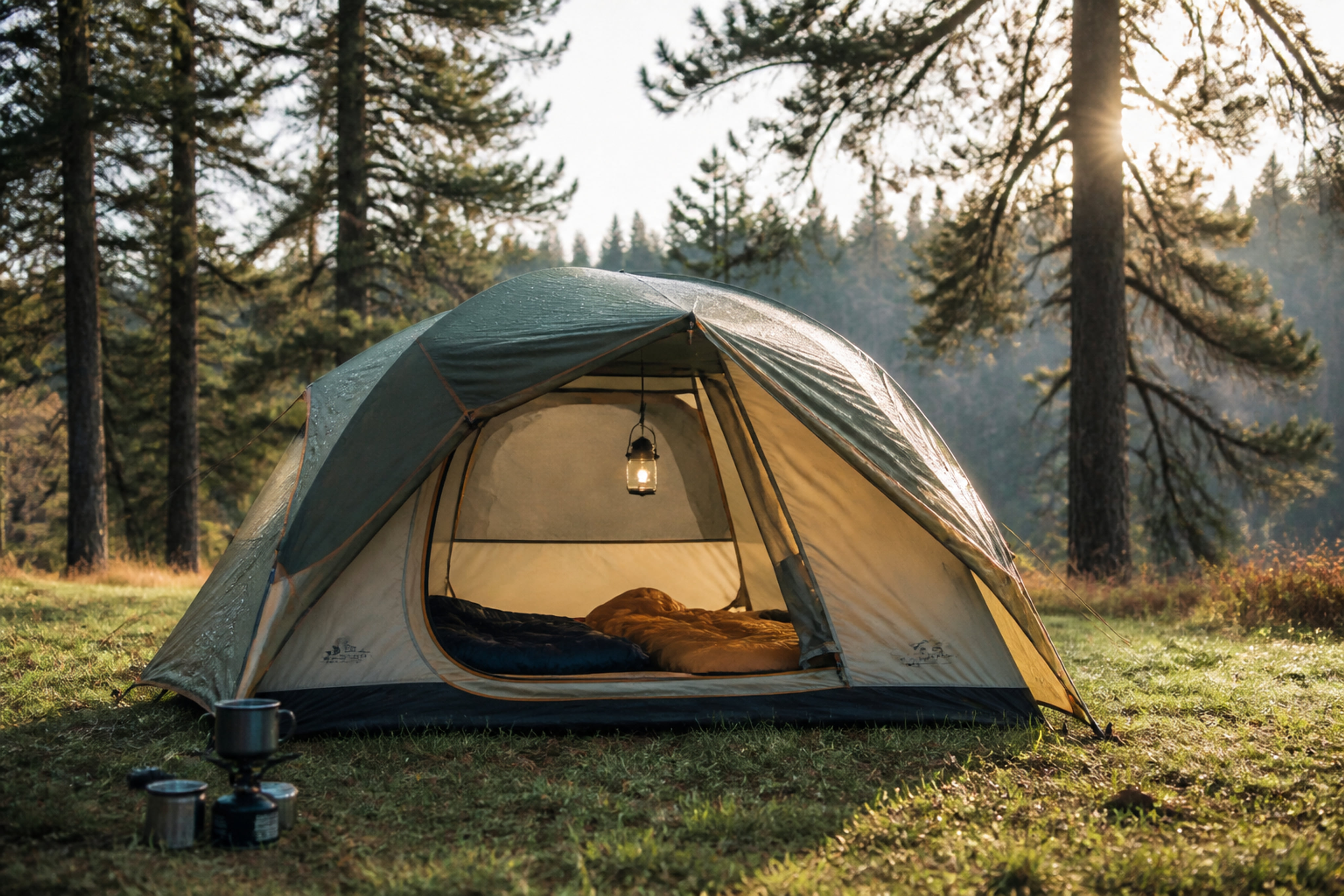 Four Person Camping Tent Pitched in a Pine Forest