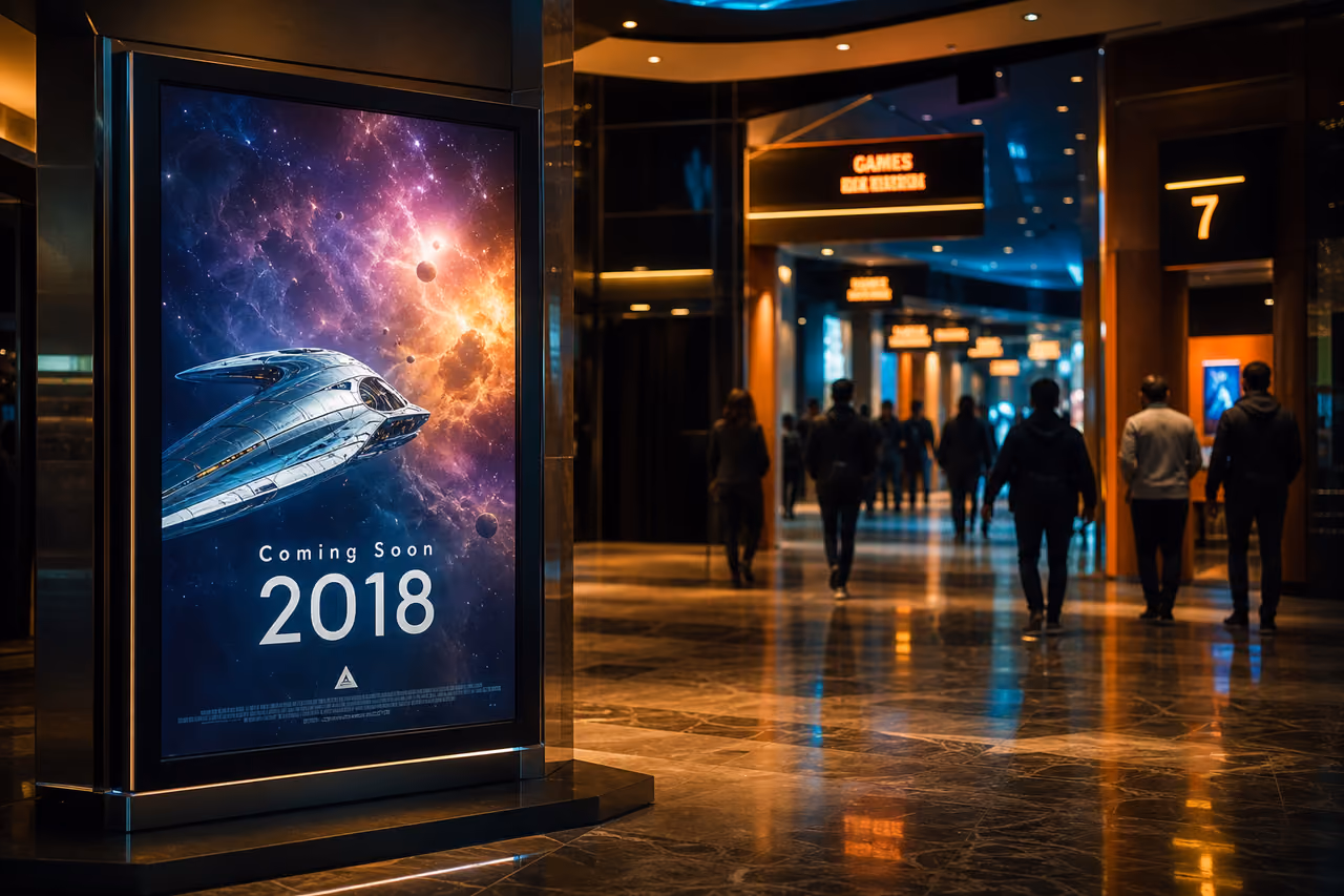 Digital Sci-Fi Movie Poster Displaying 2018 Date in Cinema Lobby