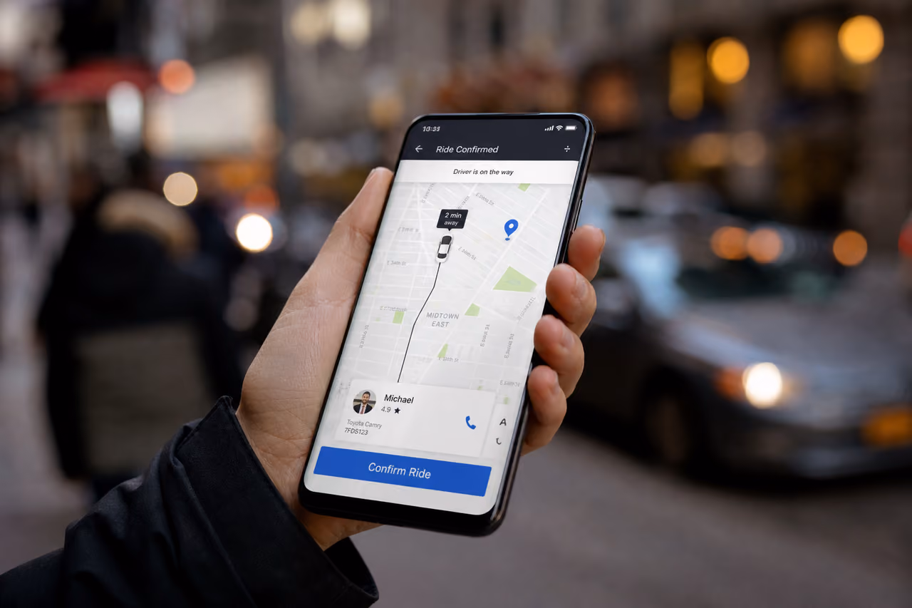 Person Using Ride Sharing App on Smartphone in City