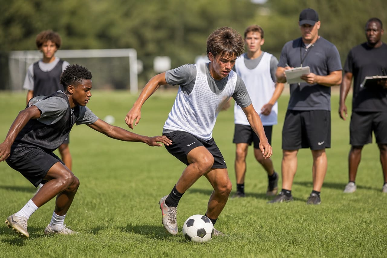 Youth Soccer Players Competing During Academy Tryouts on Grass Field