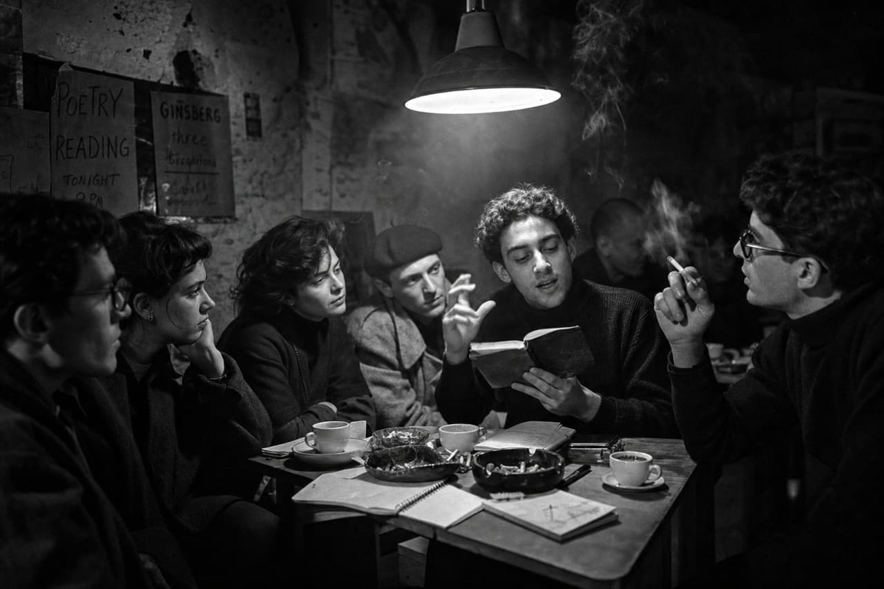 Bohemian Poets Reciting Verse in a 1950s Basement Cafe