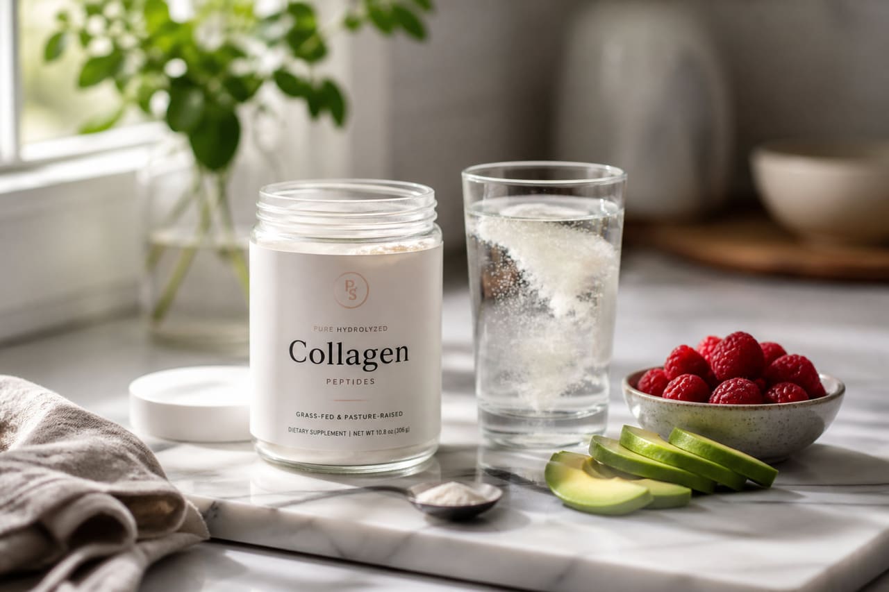 Collagen Supplement Powder with Keto Friendly Foods on Marble