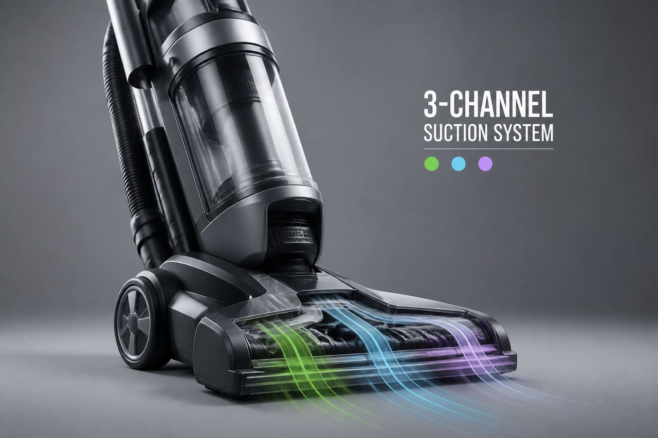 Upright Vacuum Cleaner with 3 Channel Suction System