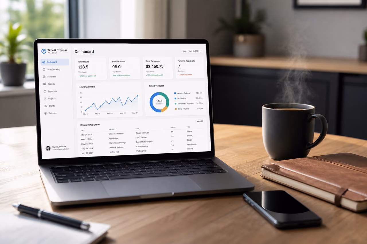 Professional Managing Time and Expense Reports on a Laptop