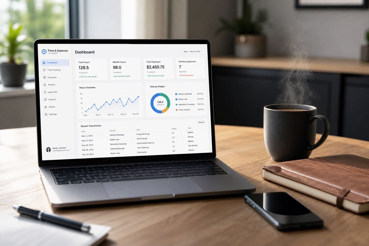 Professional Managing Time and Expense Reports on a Laptop