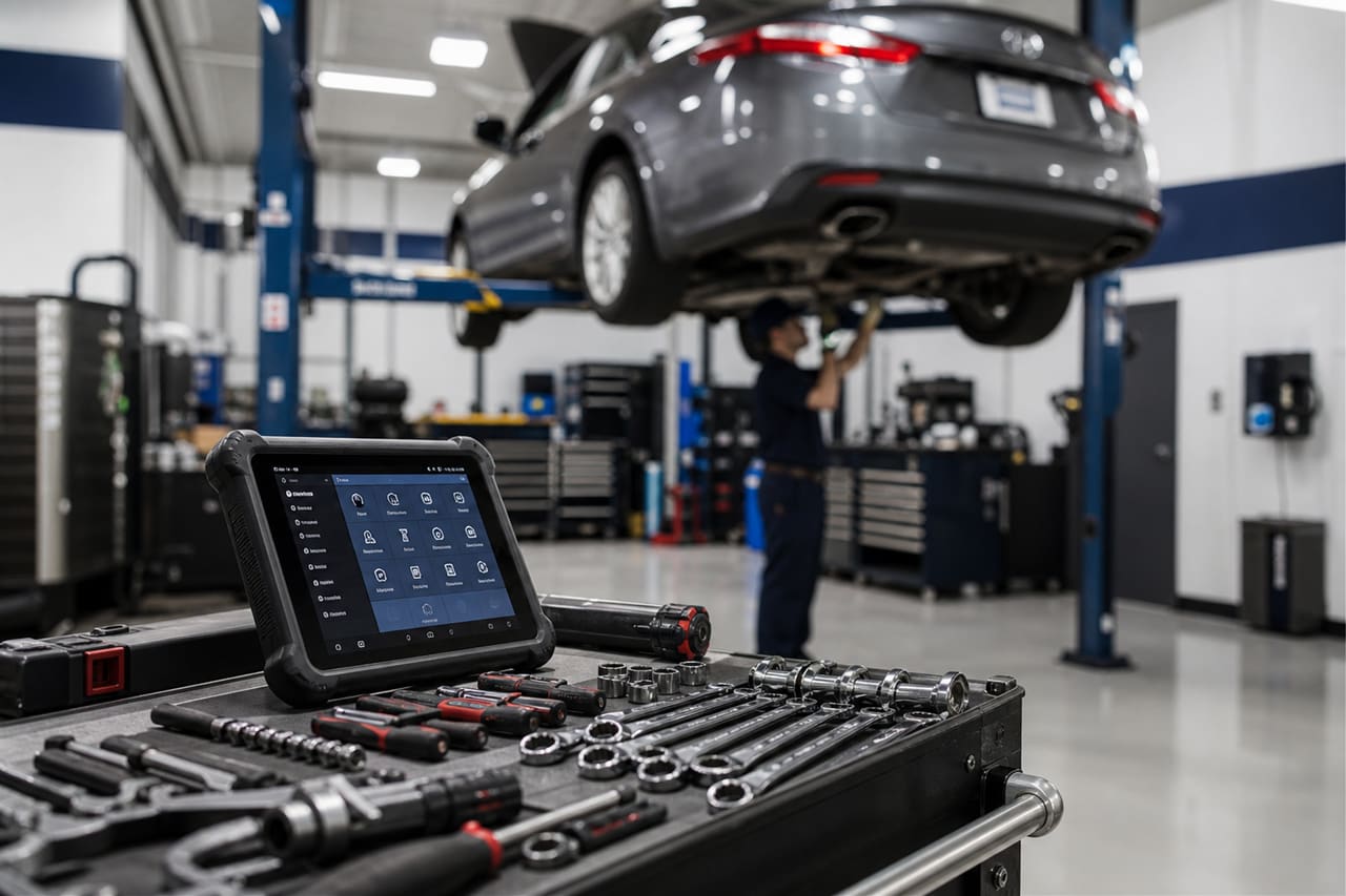 Mechanic Working on a Car in a Modern Auto Repair Shop