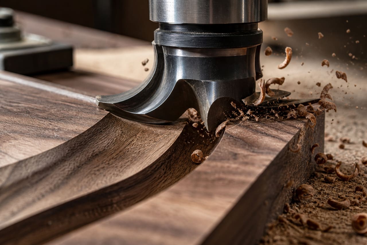 Router Fluting Bit Carving a Groove in Walnut Wood