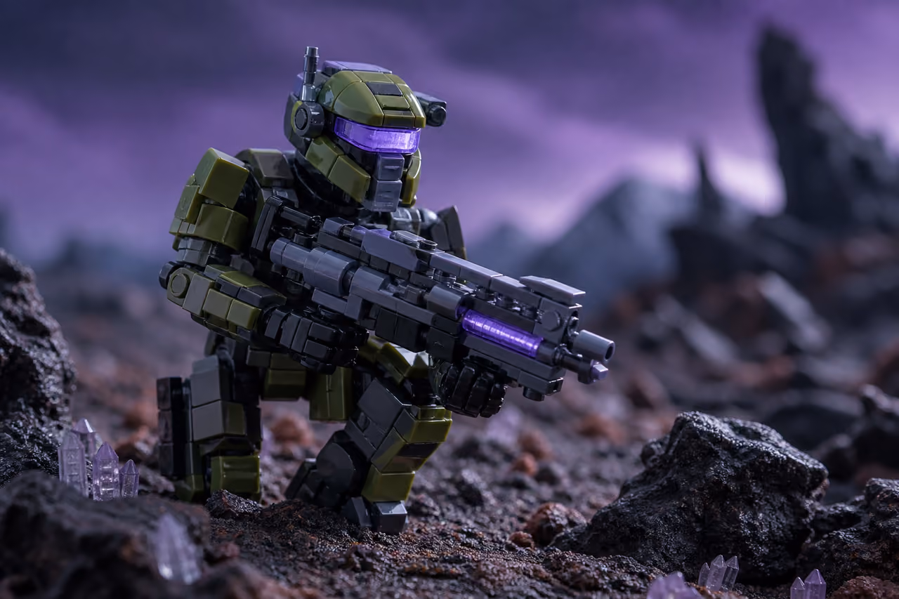 Sci-Fi Hunter Figure Built from Plastic Building Bricks