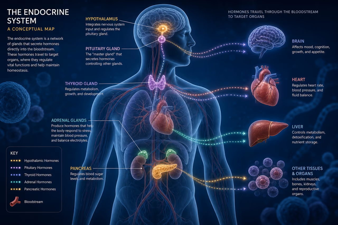 Conceptual Illustration of the Human Endocrine System and Hormone Flow