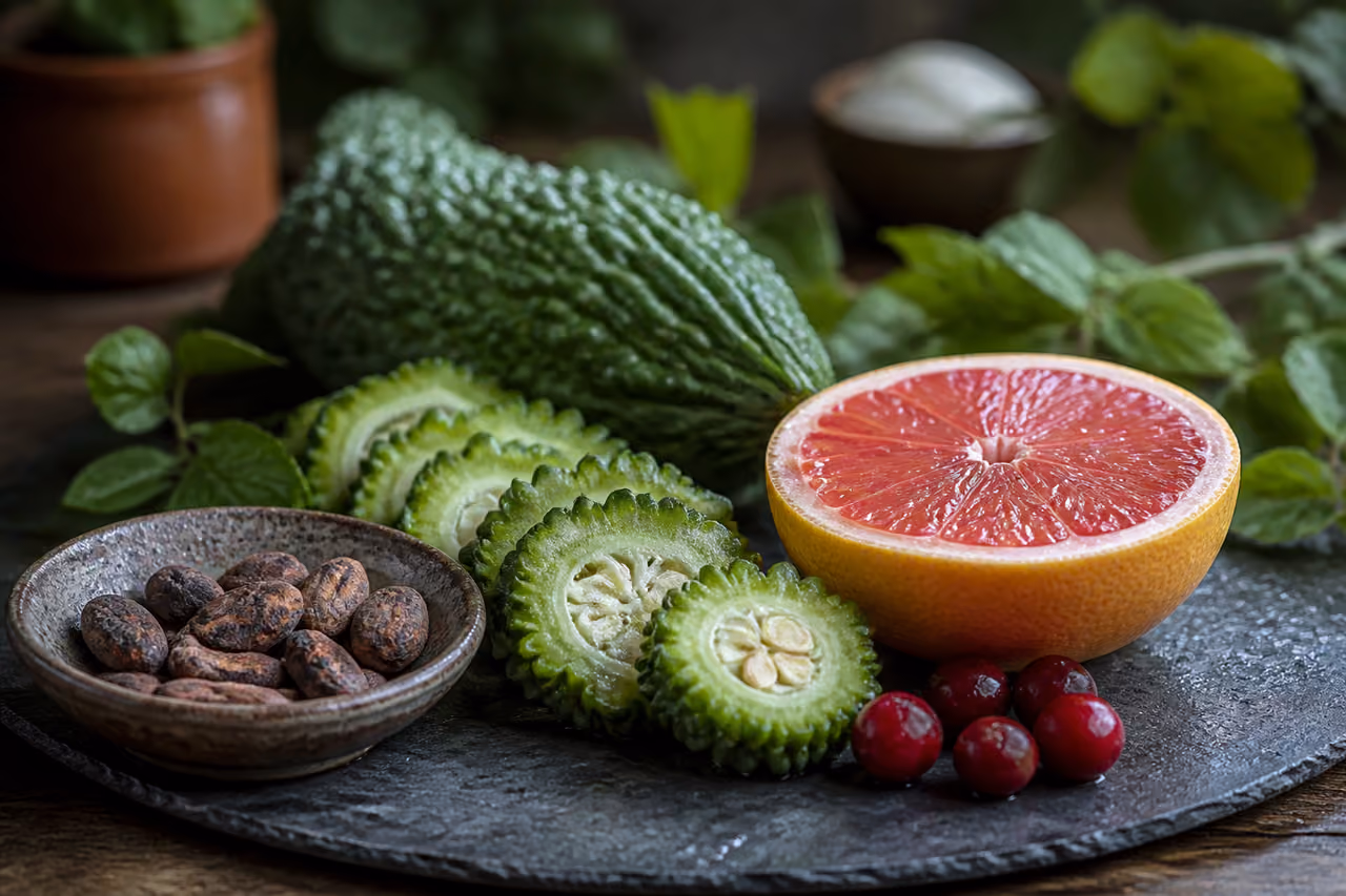Assortment of Bitter Fruits and Botanicals on Slate Platter