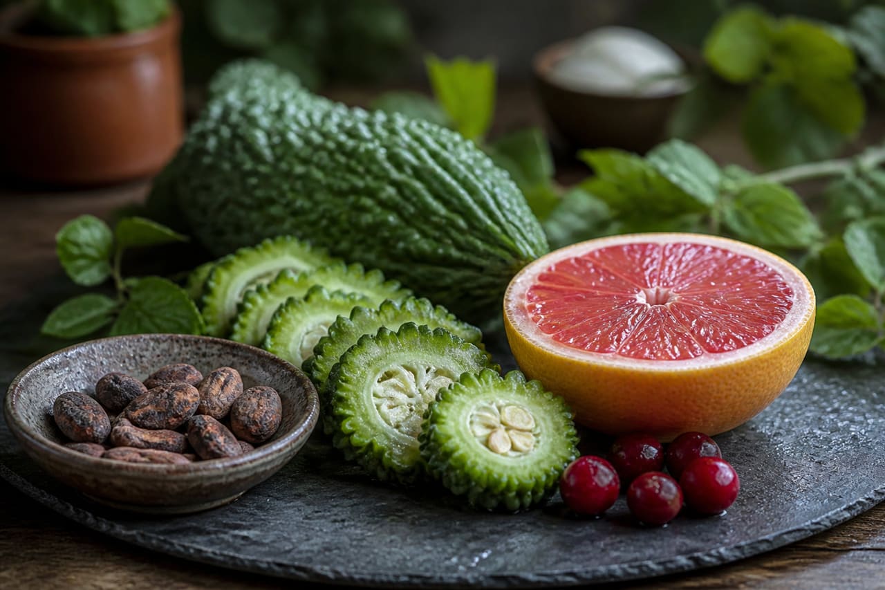 Assortment of Bitter Fruits and Botanicals on Slate Platter