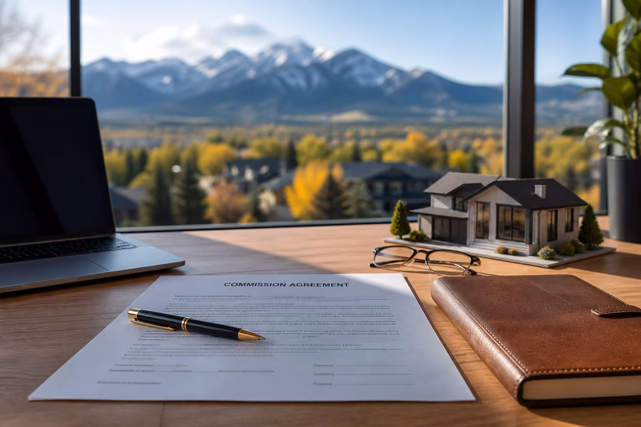 Real Estate Commission Contract and House Model on Office Desk