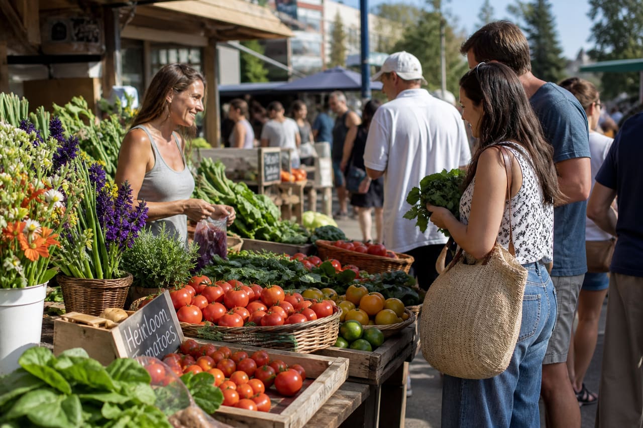 Vendors and Customers at a Vibrant Open Air Market