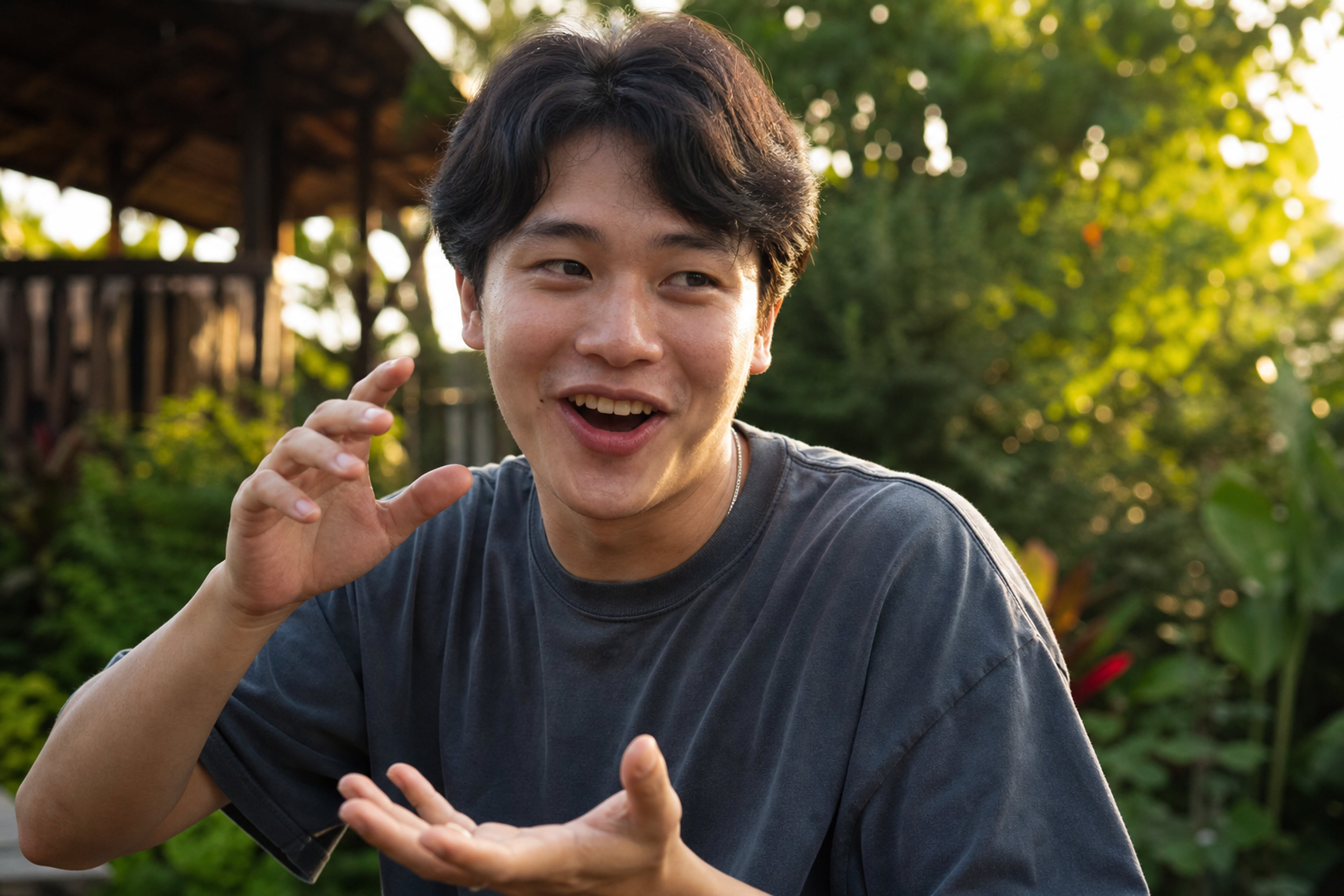 Expressive Young East Asian Man Gesturing Outdoors