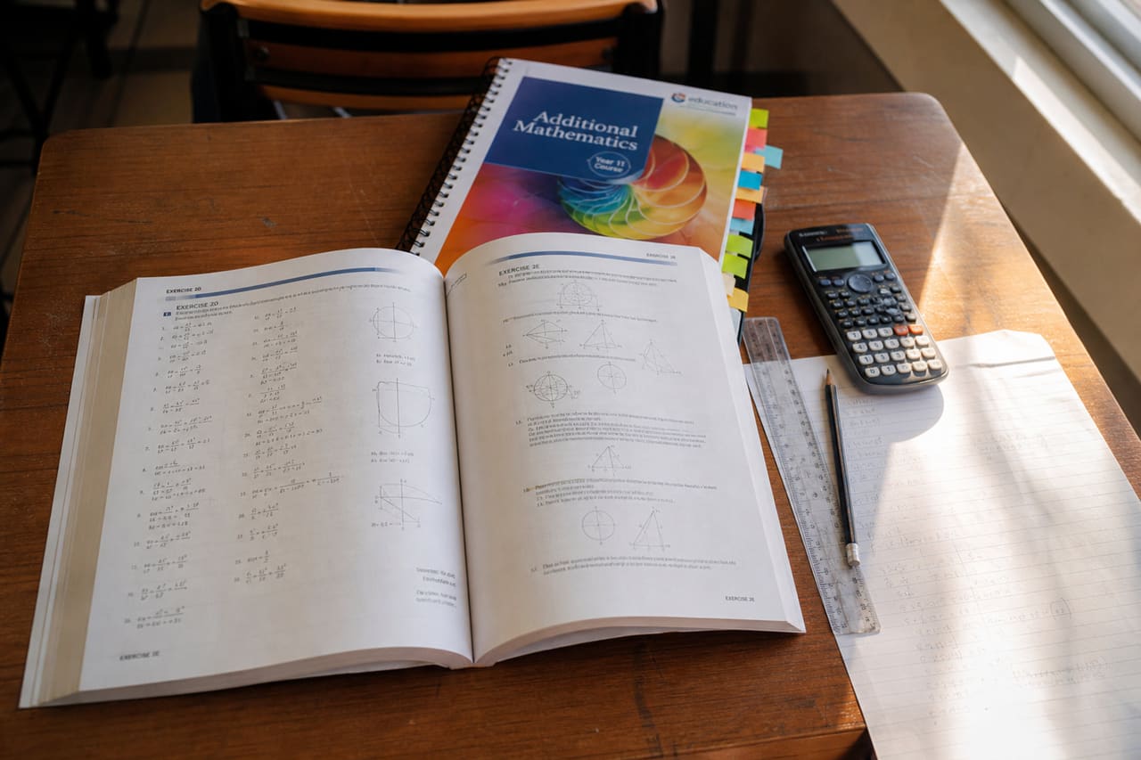 Mathematics Textbook and Workbook on a Student Desk