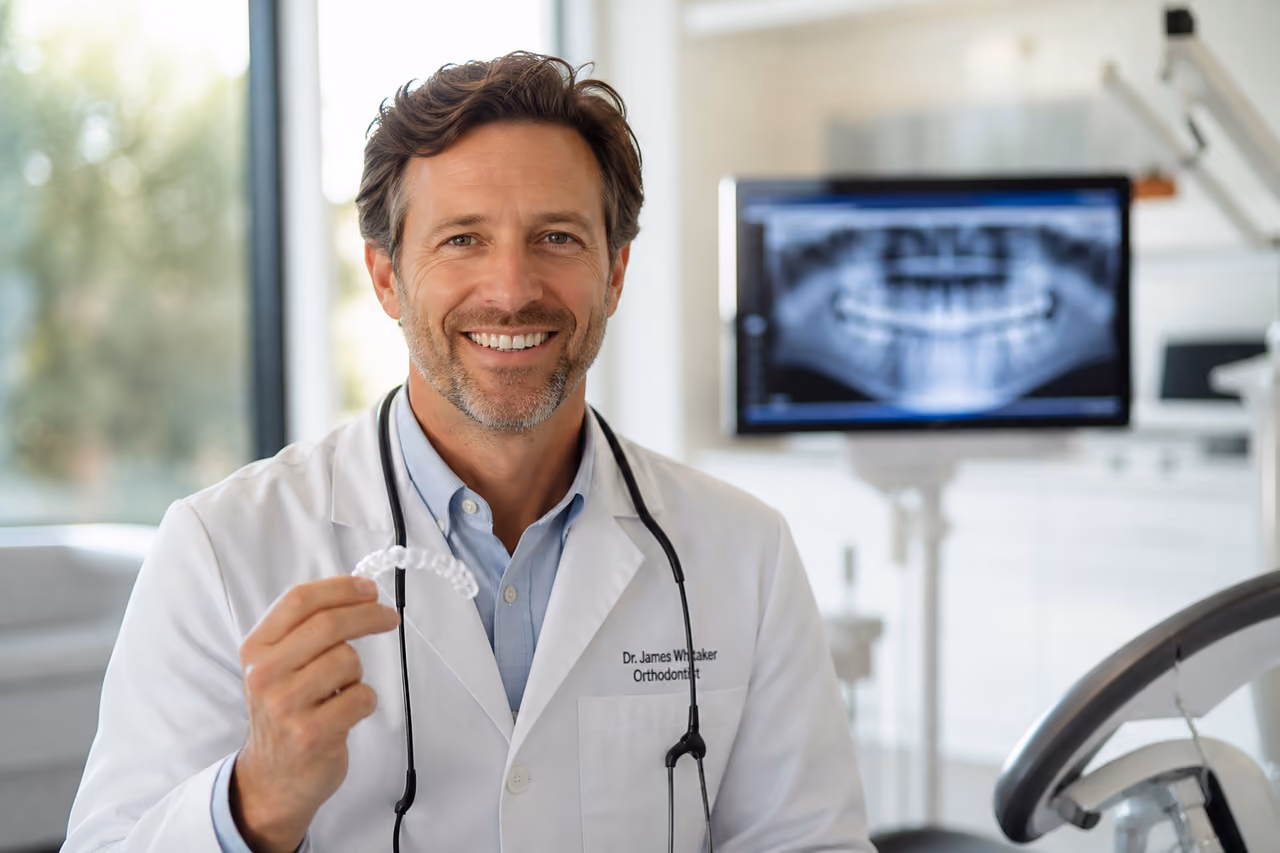 Male Orthodontist Holding Aligner Model in Modern Clinic