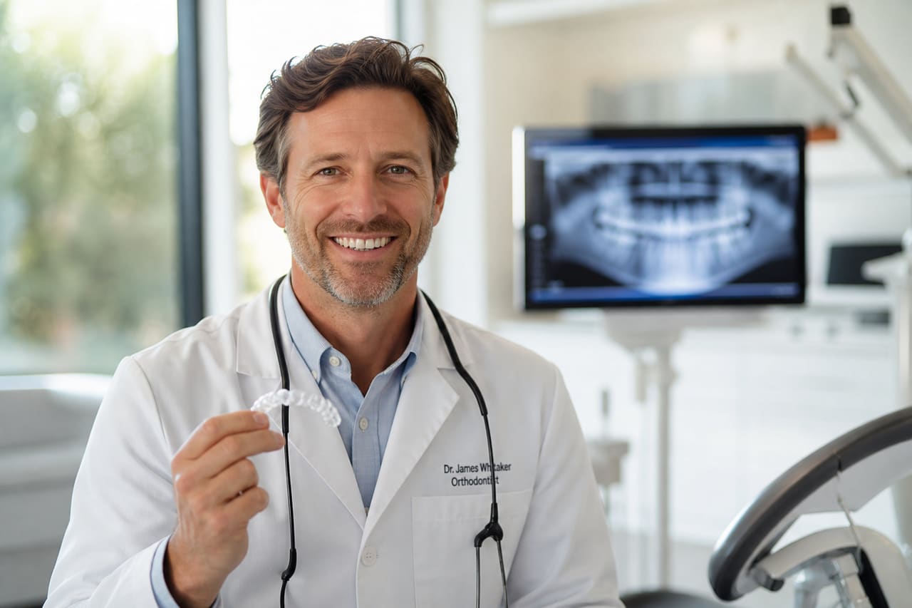 Male Orthodontist Holding Aligner Model in Modern Clinic
