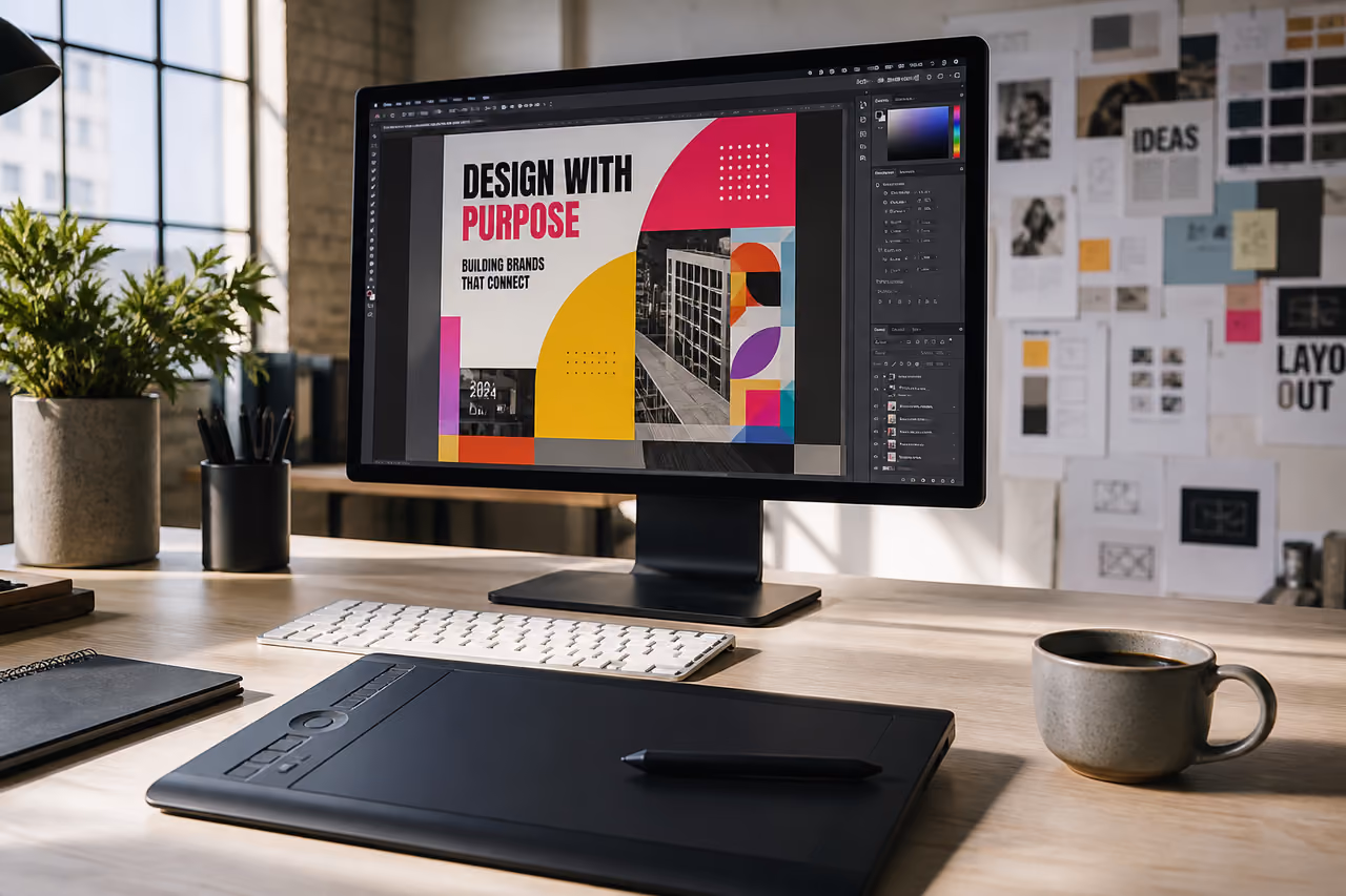Graphic Designer Workspace with Digital Tablet and Monitor
