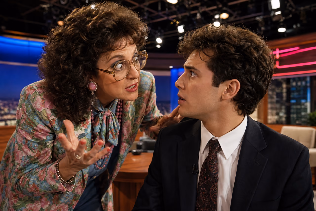 Dramatic Woman Confronting a Young Man on a Comedy Set