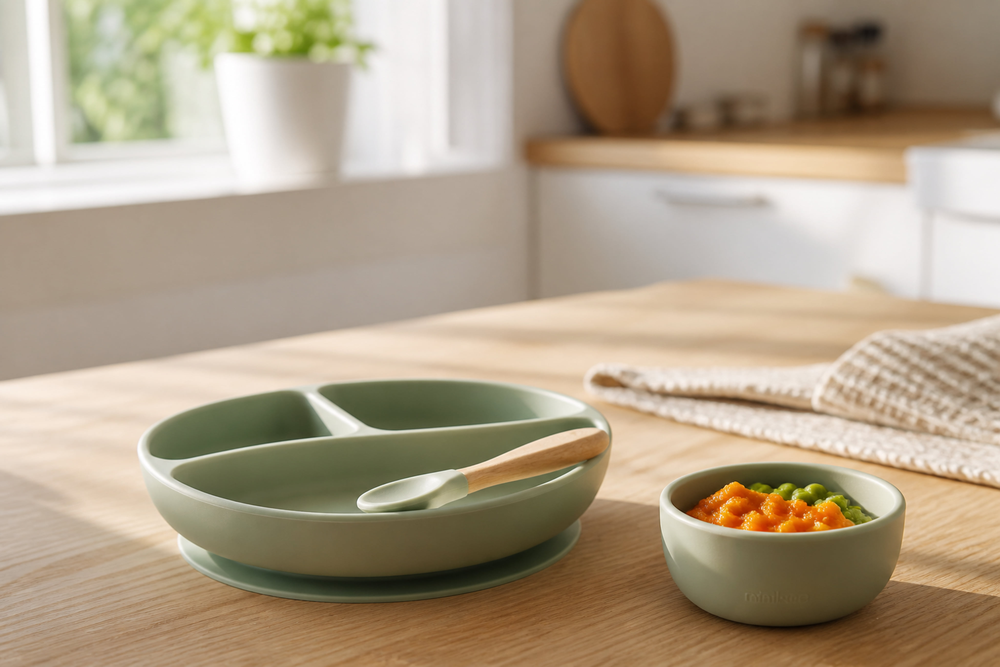Silicone Baby Feeding Set with Mashed Vegetables on Wooden Table