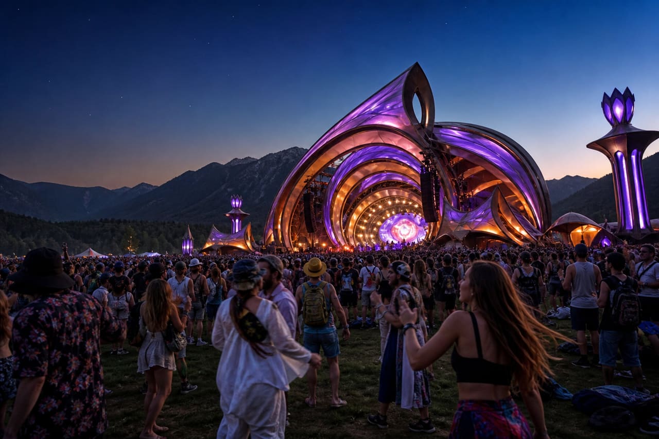 Crowd Enjoying a Modern Stage at a Soundscape Music Festival