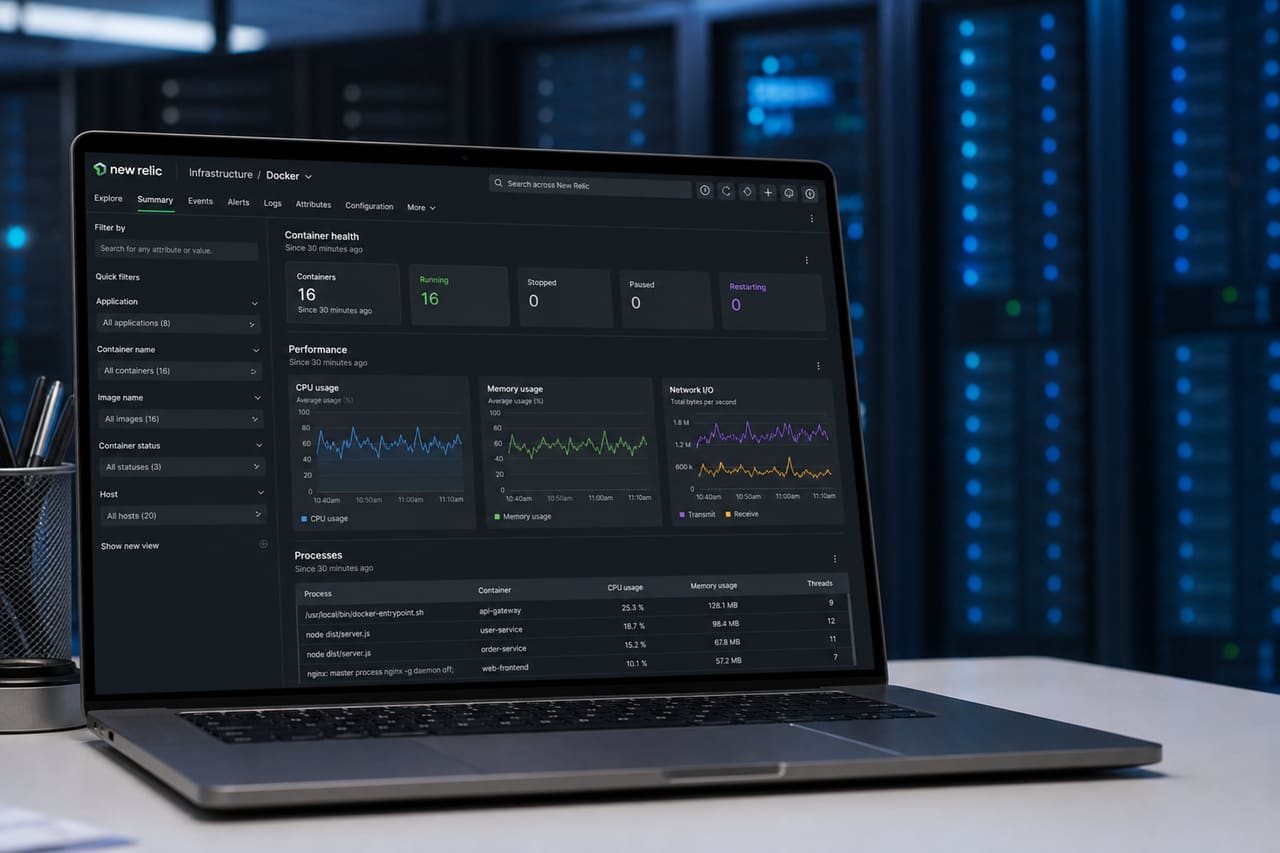 Laptop Displaying Infrastructure Monitoring Dashboard in a Server Room