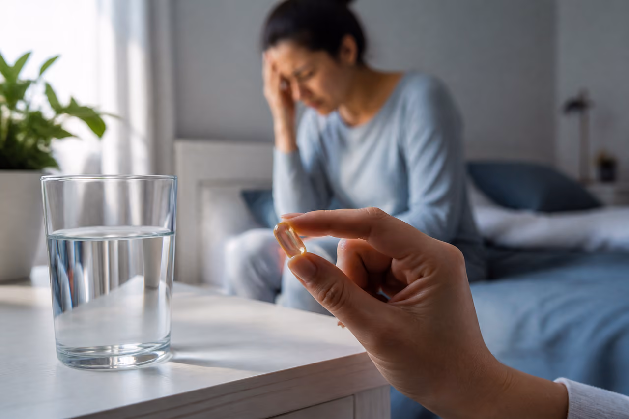 Person Experiencing Discomfort Beside Amino Supplement Capsule