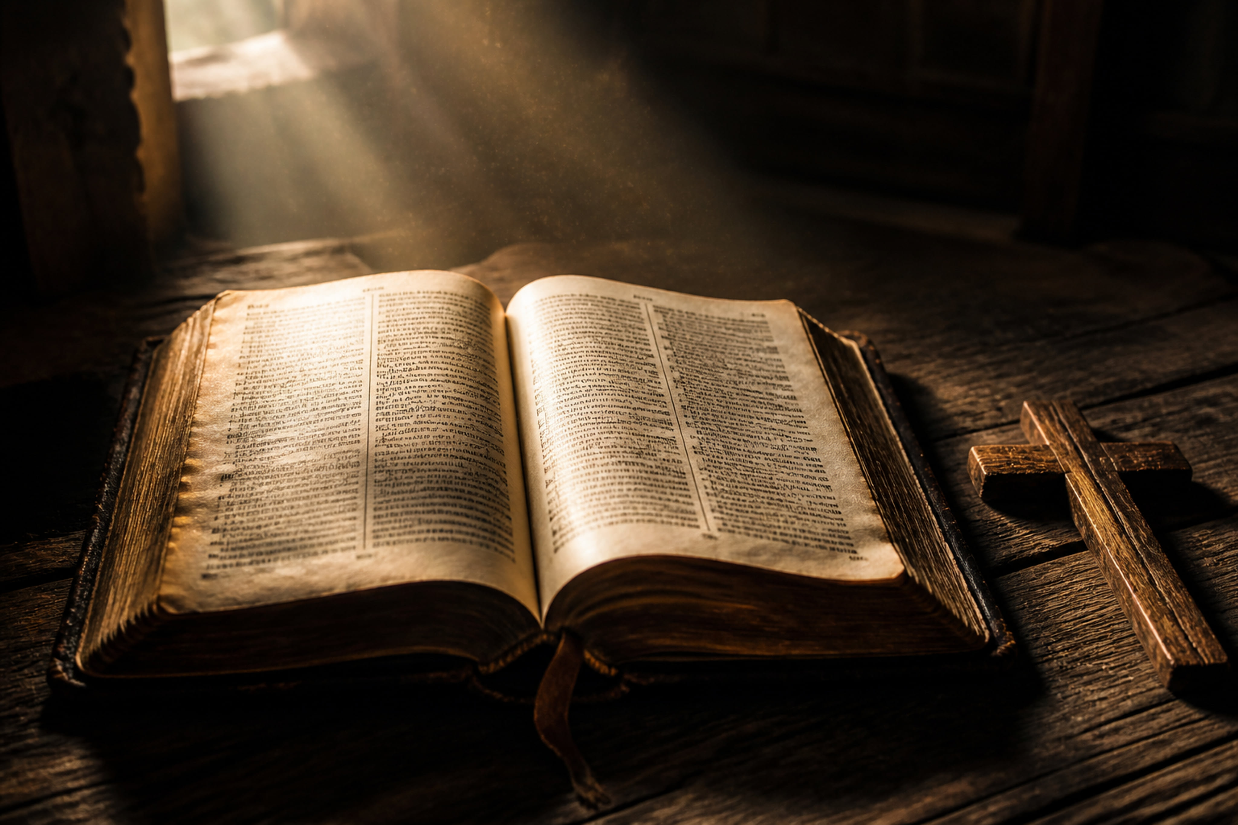 Open Bible and Wooden Cross Under Divine Light