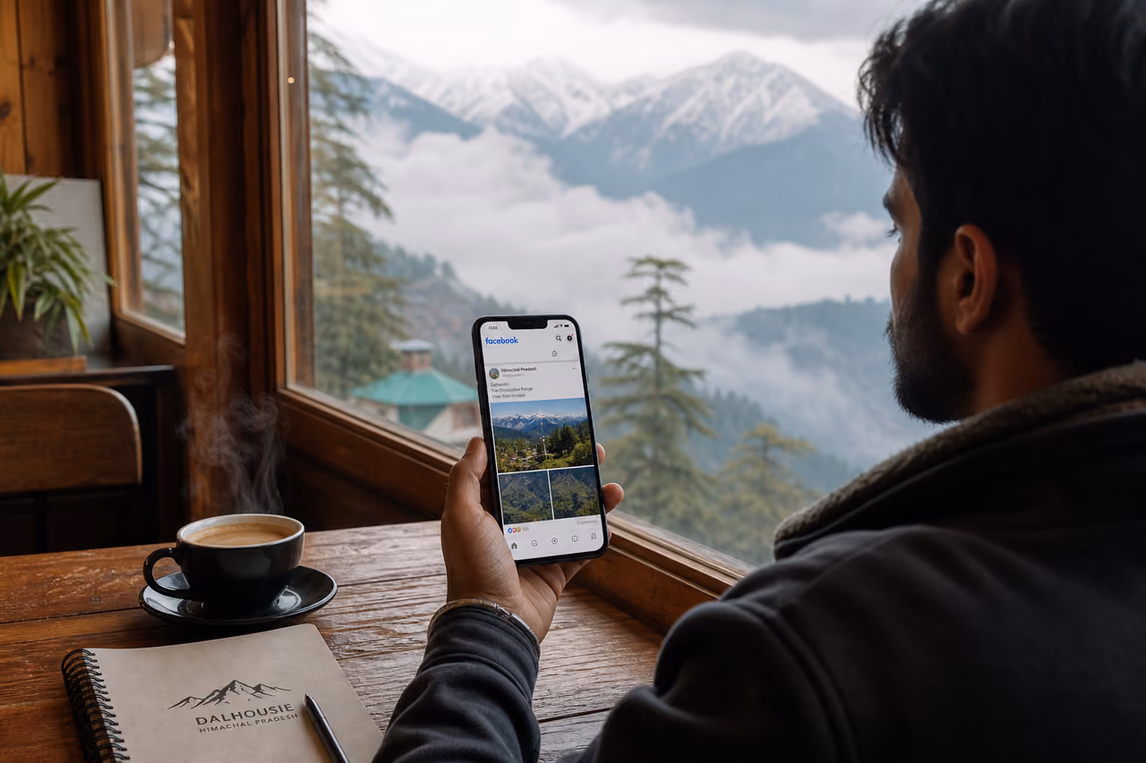 Traveler Using Facebook in a Scenic Dalhousie Cafe
