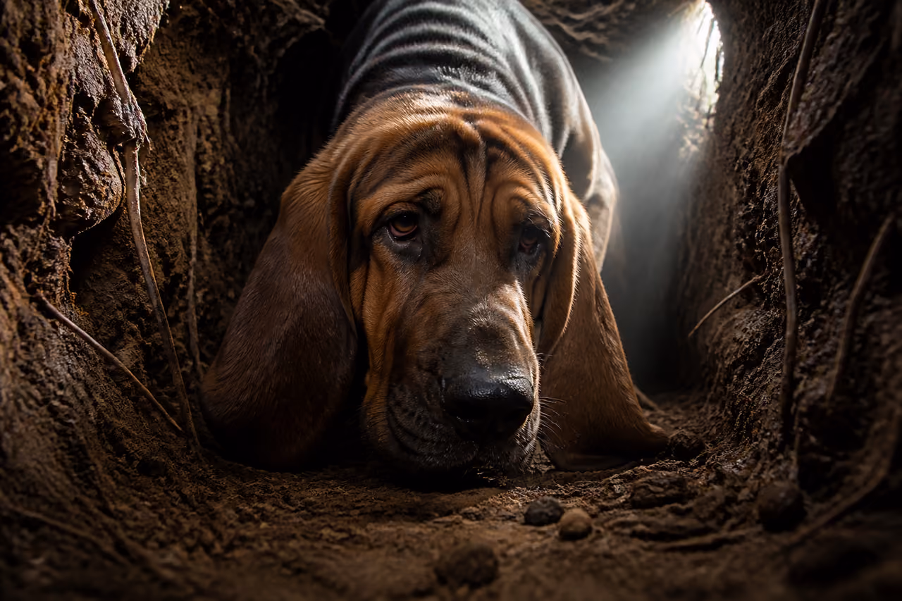 Bloodhound Tracking Scent Inside an Underground Earthen Tunnel